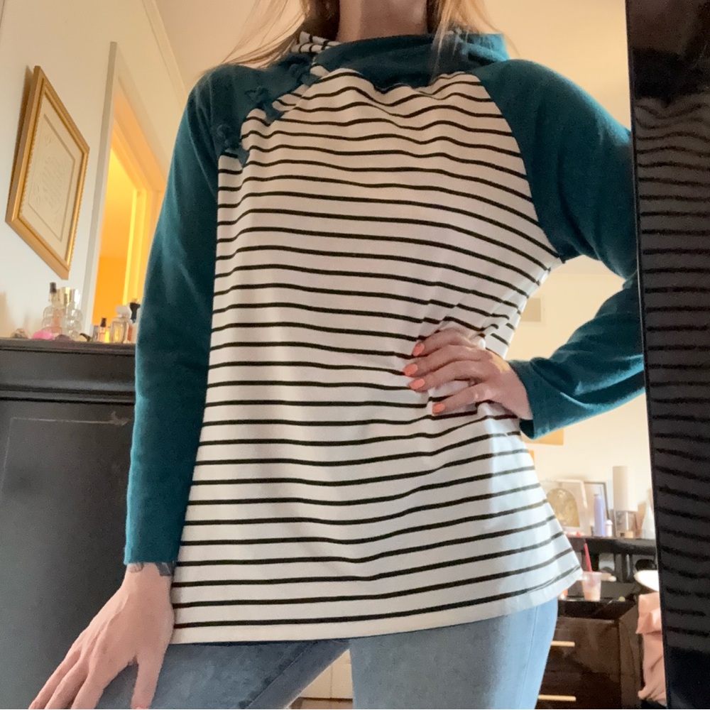 Striped Raglan Hoodie - Teal Sleeves, White & Black Stripe Body